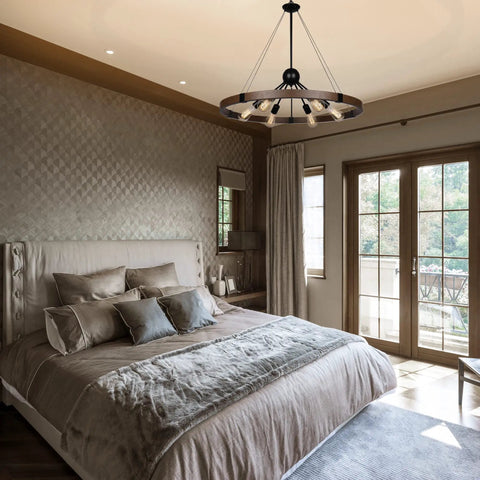 Bedroom with 31.5 Inch Farmhouse Chandelier With Rustic Wagon Wheel Silhouette in Vintage Rust and Black Finish