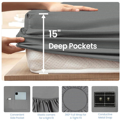 Grounding Sheets For Earthing, Gray Queen Size Fitted Bed Sheet With Silver Infused Fibers And Organic Fabric, 15 inch Deep Pockets