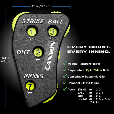 Umpire Indicator With Four Wheel Clicker And Optic Yellow Dials For Strikes Balls Outs And Innings Durable Baseball Softball Umpire Score Counter Black 2 Pack displaying close-up details of optic yellow dials and black plastic body with ergonomic grip.