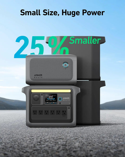 Portable power stations stacked outdoors showing 25% smaller size difference with a clear sky background.