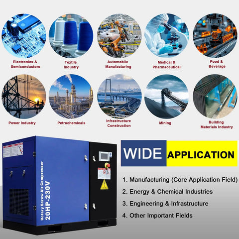 Solid 20 HP Rotary Screw Air Compressor Pump Providing A Heavy Duty 74 CFM At 125 PSI For Continuous Industrial Use. This Bad Boy Runs On 230V 3 Phase Power, Making It Perfect For Manufacturing Plants And Active Workshops That Need Reliable, High Volume
