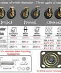 Heavy Duty Rubber Pneumatic Casters 4 Pack 8 10 Inch with fixed, swivel, and brake options, detailed size chart included.