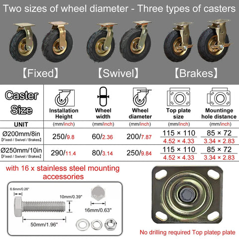 Heavy Duty Rubber Pneumatic Casters 4 Pack 8 10 Inch with fixed, swivel, and brake options, detailed size chart included.