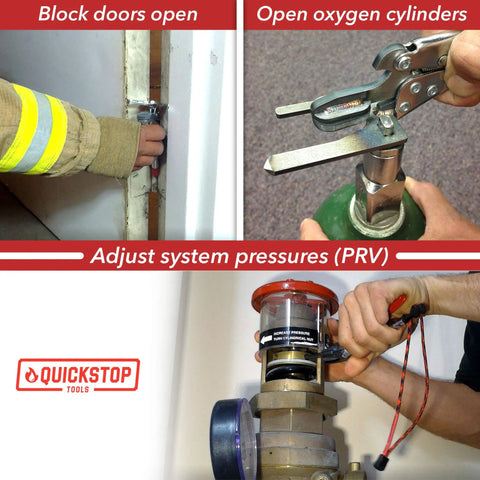 The Top Shelf Game Changer Fire Sprinkler Shutoff Multi Tool Stops Accidental Water Damage And Yanks FDC Caps Quick For Upright Pendant Sidewall And Recessed Heads In Buildings, adjusting oxygen cylinder and system pressures.