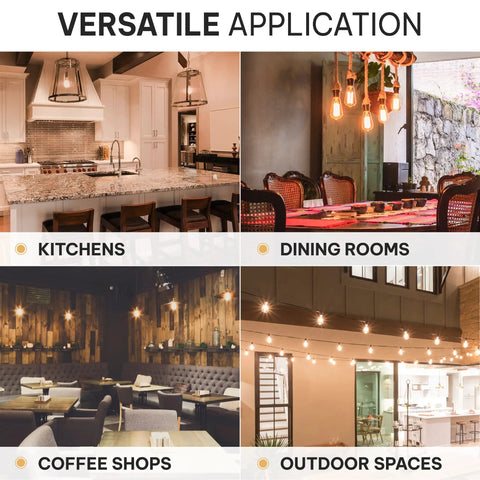 Versatile application of Vintage Edison Light Bulbs 60W 4 Pack ST58 Squirrel Filament in kitchens, dining rooms, coffee shops, and outdoors.