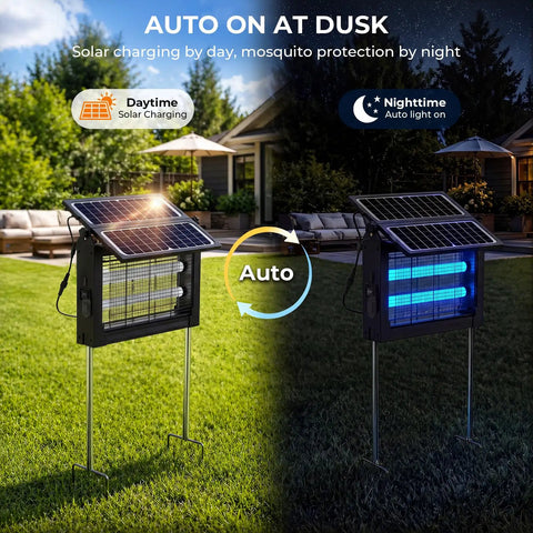 Top Notch Dual Solar Powered Bug Zapper Outdoor Cordless Mosquito Killer 4500V Waterproof in garden at dusk.