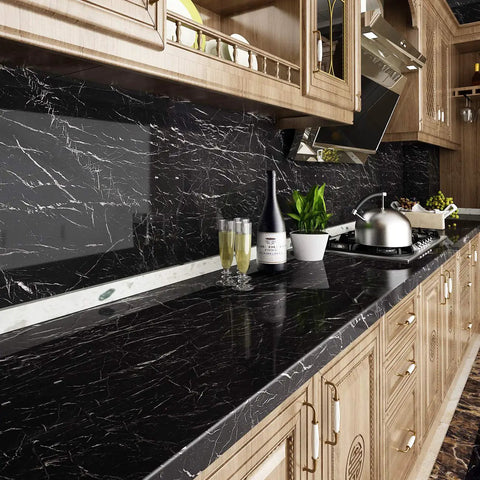 Kitchen with Black Marble Peel And Stick Wallpaper For Countertops Self Adhesive Vinyl Cover 15.8 Inch By 78.8 Inch applied.