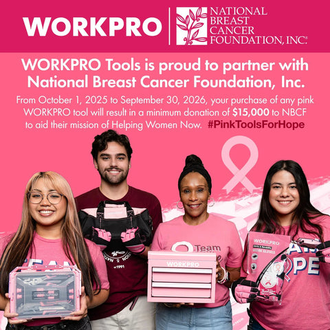 Front view of four people holding pink WORKPRO tools and a pink toolbox against a pink promo backdrop