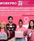 Four people holding pink WORKPRO tools, supporting National Breast Cancer Foundation, Inc. partnership and fundraising campaign.