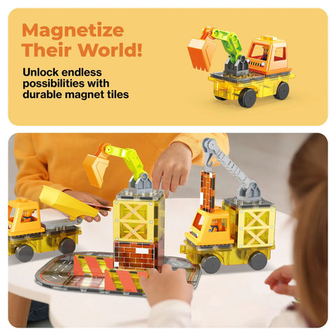 Kids playing with Magnetic Construction Vehicle Tiles Set 5 In 1 Buildable Crane Excavator Dump Truck on a tabletop.
