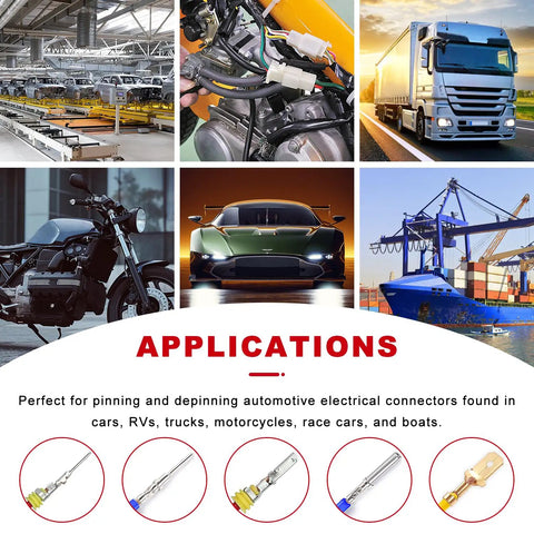 Deutsch DT Connector Crimp Kit shown with vehicles and connectors, for auto wiring repairs in cars, trucks, motorcycles, boats.