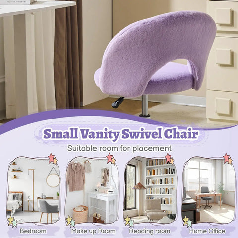 Cute Mini Vanity Chair With Faux Fur Wheels, Adjustable Height Armless Office Desk Stool, purple chair in bedroom setting