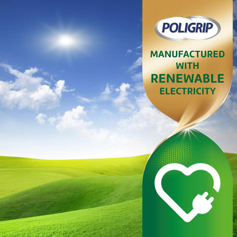 Poligrip denture adhesive manufactured with renewable electricity, set against a green field and blue sky image.