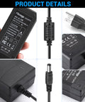 Close-up of 12V 5A 60W AC to DC power brick with 9.84ft cable, 5.5x2.1mm and 2.5mm plugs, 100-240V input, detailed view of parts
