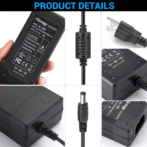 Close-up of 12V 5A 60W AC to DC power brick with 9.84ft cable, 5.5x2.1mm and 2.5mm plugs, 100-240V input, detailed view of parts