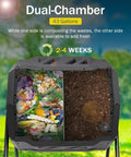 43 Gallon Outdoor Dual Chamber Tumbling Compost Bin With Two Sliding Doors And 360 Degree Rotation For Kitchen Garden And Yard Waste BPA Free Black Durable showing interior view of composting stages on grass
