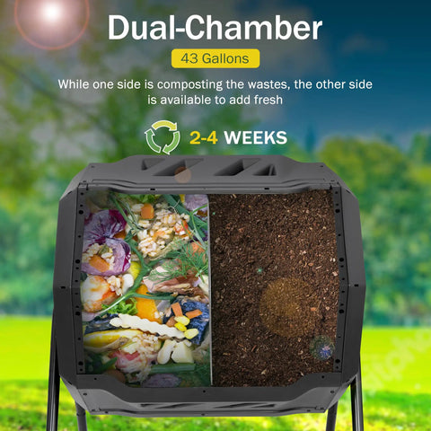 43 Gallon Outdoor Dual Chamber Tumbling Compost Bin With Two Sliding Doors And 360 Degree Rotation For Kitchen Garden And Yard Waste BPA Free Black Durable showing interior view of composting stages on grass