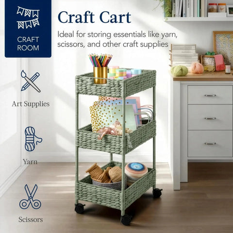 Three-Tier Water Hyacinth Rolling Caddy With Wheels For Laundry Room Bathroom Craft Room And More in craft room with supplies
