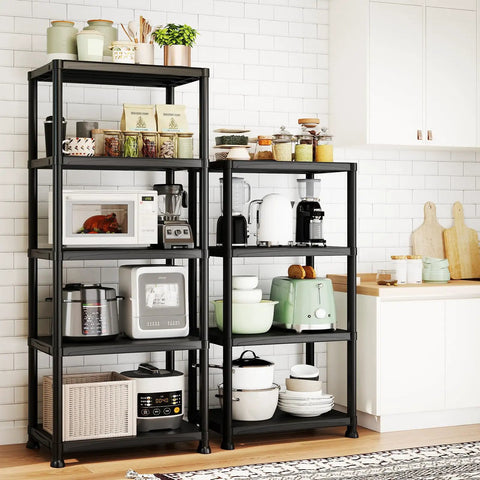 Rock Solid Plastic Storage Shelves 4 Tier Heavy Duty Shelving Unit With 264 LB Capacity for kitchen organization.