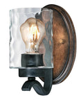 One Light Indoor Wall Sconce in Textured Iron and Barnwood Finish with Clear Hammered Glass Shade, vintage vibe for bathroom use