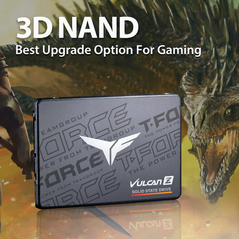 Vulcan Z 256GB 2.5 Inch SATA III SSD With SLC Cache And 3D NAND displayed on gaming theme background