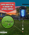 Outdoor Bug Zapper For 1 Acre Coverage With Powerful 40W Bulb And 5600V Instant Kill Grid, electric zapper hanging in yard at dusk