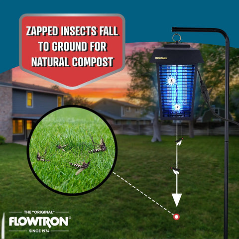 Outdoor Bug Zapper For 1 Acre Coverage With Powerful 40W Bulb And 5600V Instant Kill Grid, electric zapper hanging in yard at dusk