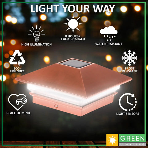 Solar Powered LED Post Lights For 4x4 Posts Copper Finish Slim Post Cap Lights Pack Of 4 Easy Install Outdoor Lighting For Wood Or PVC Poles With Ni Cd Battery And Crystalline Solar Panel