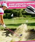 Female golfer using sand wedge from Left Handed Women Golf Clubs Set 7 Piece Complete Deluxe Kit With Driver Hybrid Irons Sand Wedge Putter Stand Bag Pink For Beginners Gift For Her Great Gift For Newbie Women Looking To Boost Confidence On The Course in sand bunker.