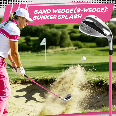 Female golfer using sand wedge from Left Handed Women Golf Clubs Set 7 Piece Complete Deluxe Kit With Driver Hybrid Irons Sand Wedge Putter Stand Bag Pink For Beginners Gift For Her Great Gift For Newbie Women Looking To Boost Confidence On The Course in sand bunker.