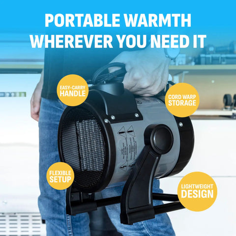 Person holding Portable 120V Garage Heater With Cool Touch Exterior Automatic Shut Off ETL Certified Safety in workshop setting.