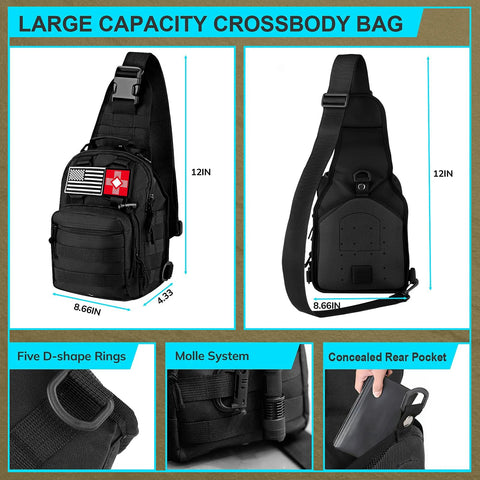 Front and rear views of a black survival kit crossbody bag with MOLLE system, 12in tall, Amazon brand.