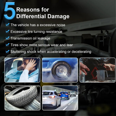 5 reasons for differential damage illustration showing noise, tire wear, and fluid leakage for vehicles.