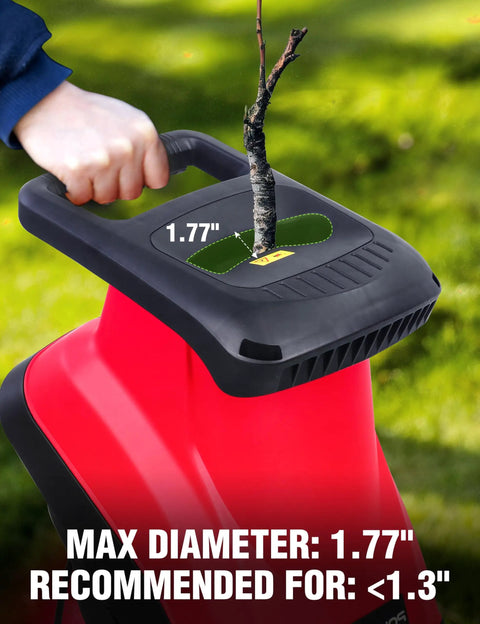 Person using Do It All 2 In 1 Electric Log Splitter And Wood Chipper Bundle, showing chipper handling 1.77-inch branch.