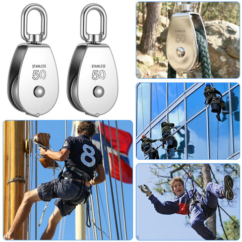 2 Pack Stainless Steel Snatch Block With Swivel Hook, M50 2 Inch Sheave For 3/8 Inch Rope, Beefy Heavy Duty Pulley
