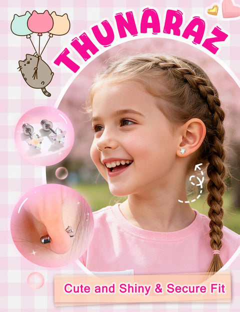 16 Pairs Hypoallergenic Screw Back Earrings Set For Girls And Kids Featuring CZ Studs, Pearl, Heart, Star, Flower And Ball Designs In Stainless Steel, Super Cute And Safe For Sensitive Ears. girl wearing star screw-back stud earring