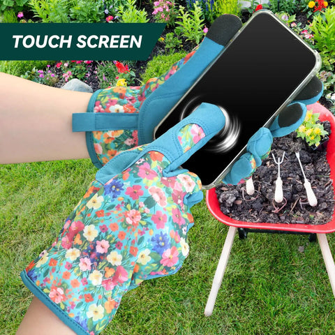 Womens Gardening Gloves With Printed Design And Touchscreen Grip For Thorn Proof Puncture Resistant Work Gloves in garden setting