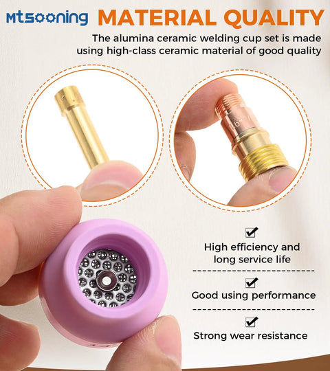 Close-up of Ceramic TIG Welding Cup Set Pro Grade With Chuck 12 14 16 24 For WP 17 18 26 Torch Gas Lens Kit material quality