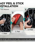 Installation steps for Four 2.2 Inch Metal Wheel Center Caps With A Badass Skull Pattern on a car tire.