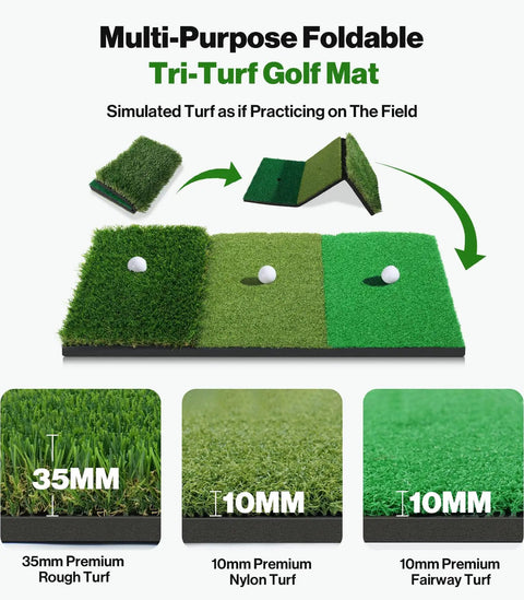 Backyard Golf Practice Net 10 By 7 Feet With Hitting Mat showcasing tri-turf golf mat with 35mm rough, 10mm nylon, 10mm fairway turf options