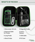 Vibration Meter VM-424 with Remote Probe in case, showing included accessories like cables, probe, and manual.