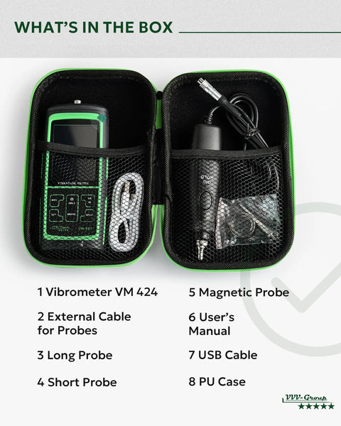 Vibration Meter VM-424 with Remote Probe in case, showing included accessories like cables, probe, and manual.