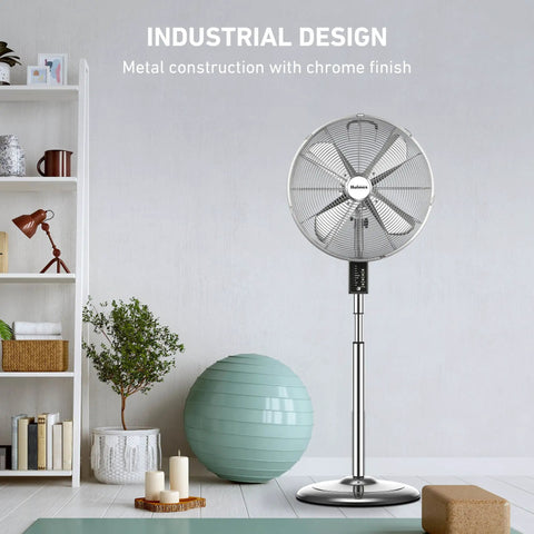 16 Inch Chrome Digital Metal Stand Fan With 3 Speed Settings, 75 Degree Oscillation, 20 Degree Head Tilt, Adjustable Height