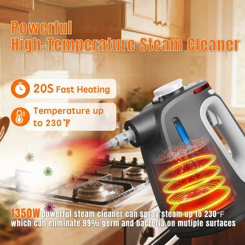Top Shelf Handheld Steam Cleaner For Complete Home Care, multi surface steamer spraying steam onto stovetop for deep cleaning.