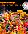 Battery-Free Analog Oven Thermometer With Dual Color Dial for Grill Showing 50-300 C / 100-600 F Next to Barbecue Scene