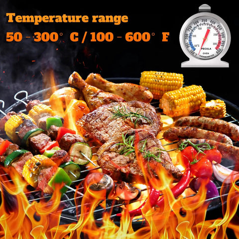 Battery-Free Analog Oven Thermometer With Dual Color Dial for Grill Showing 50-300 C / 100-600 F Next to Barbecue Scene