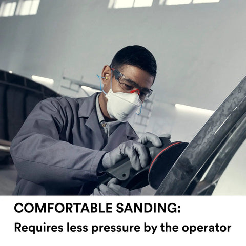 Operator using Xtract Net Disc 710W 6 Inch Hook And Loop Sanding Discs Pack Of 50 for metal sanding with mask and goggles