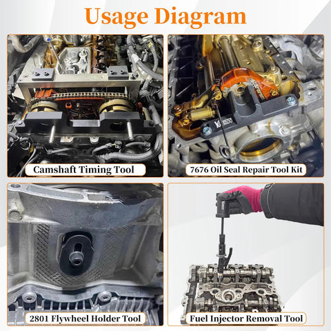 Usage diagram of 17 Piece Camshaft Alignment Timing Tool Kit For BMW N20 N26 Engines With Flywheel Holder Balance Shaft Tool
