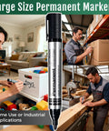 Heavy Duty Permanent Markers With Smooth Fine Tips In Bold Black Red Blue And Green Feature A Wide Comfort Grip And Fast Drying Waterproof Ink That Stays Put Through Thick And Thin Solid Everyday Choice For Work Or School, shown labeling boxes and toys.