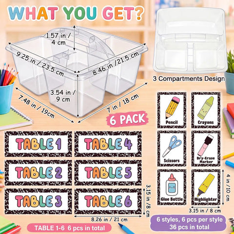 Six Pack Stackable Classroom Caddies With Handles, 3 Compartments, Clear Plastic Storage Bins With 42 Labels in use on desk
